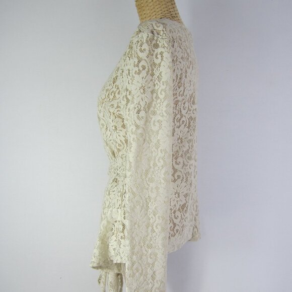 Suki Women M Taupe Ivory Floral Lace Long Sleeve Cardigan Front Ties Made in USA - Picture 8 of 12